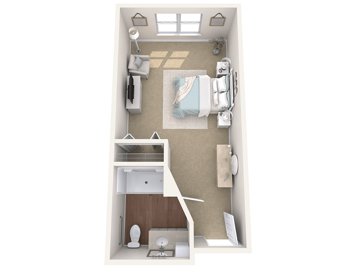 3D rendering of a studio apartment floor plan featuring a bedroom and bathroom.