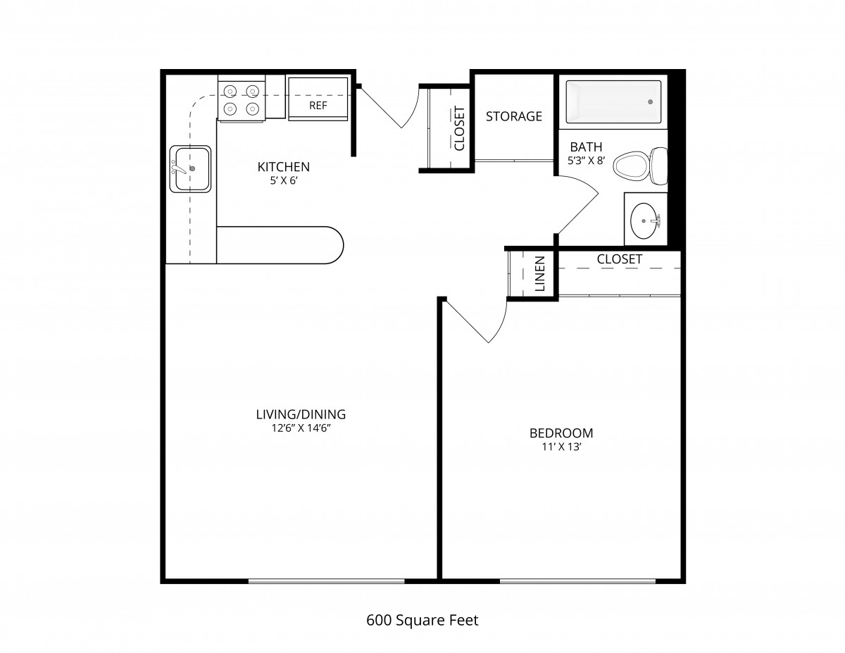 A floor plan of a one-bedroom apartment with living room, kitchen, bathroom, and storage space.