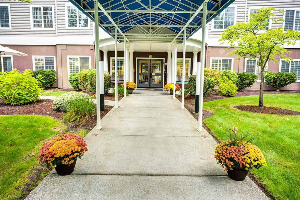 An inviting building entrance with a blue canopy and potted plants lining the walkway.