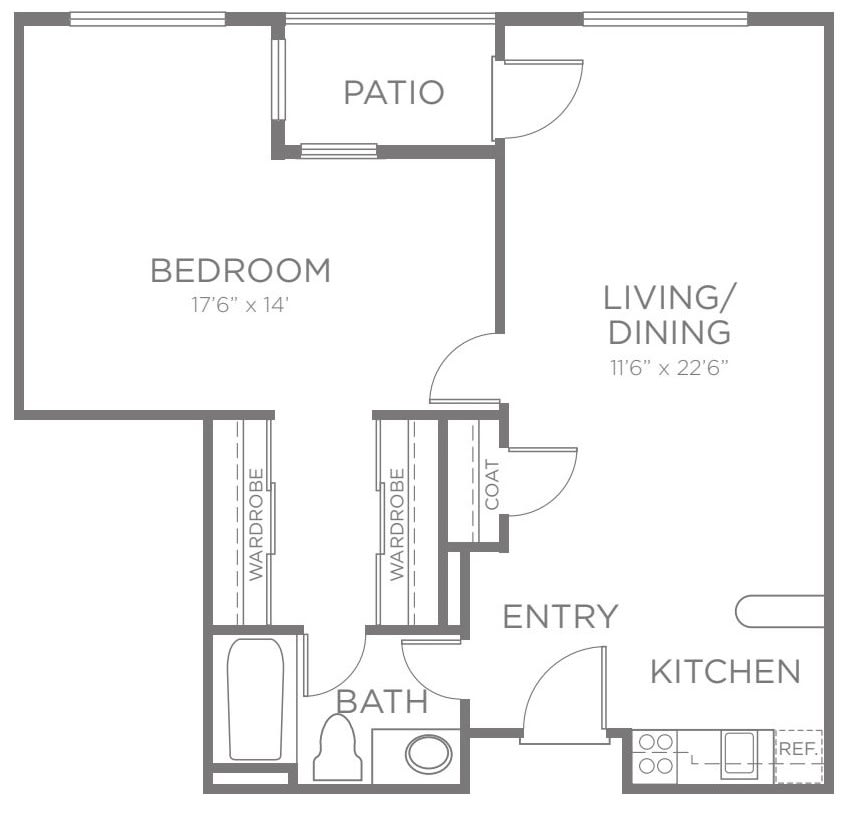 A floor plan of a one-bedroom apartment featuring a patio, living/dining area, kitchen, and bathroom.