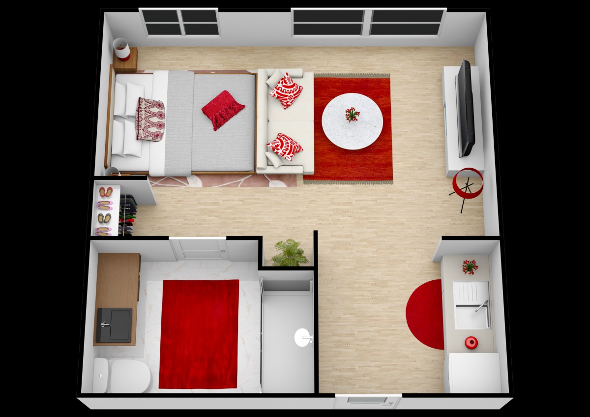A 3D floor plan of a studio apartment featuring modern interior design with prominent red accents.