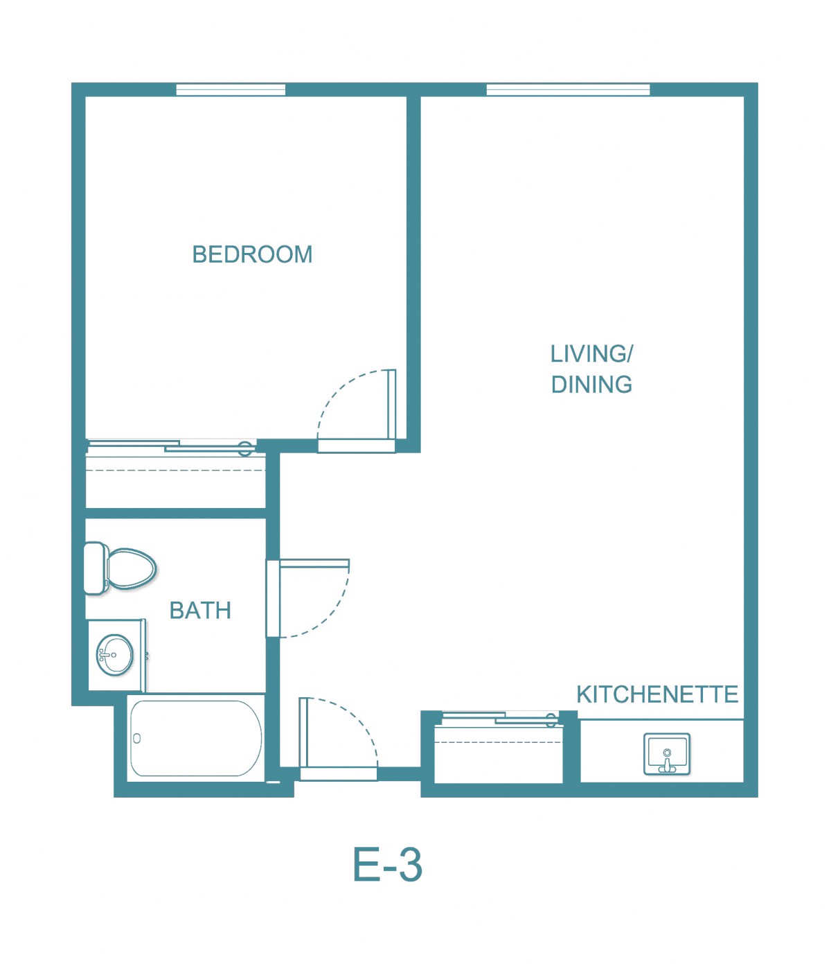 Floor plan of a one-bedroom apartment with a kitchenette, living/dining area, and bathroom.