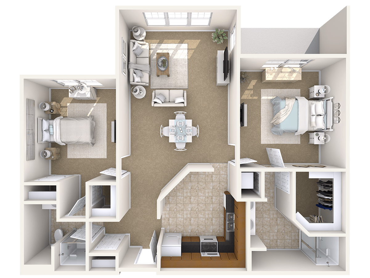 A 2-bedroom apartment floor plan featuring a living room, kitchen, and bathroom.