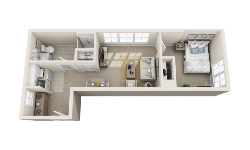 A 3D rendering of a one-bedroom apartment floor plan, featuring a bedroom, bathroom, kitchen, and living area.