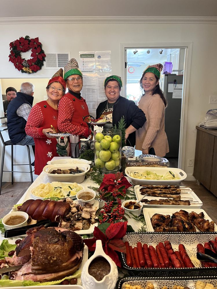 A joyful holiday gathering with friends enjoying a festive feast.