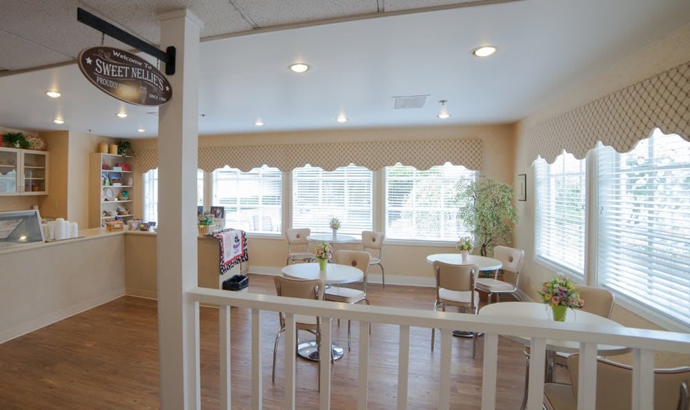 A cozy cafe interior with tables, chairs, and large windows allowing natural light to fill the space.