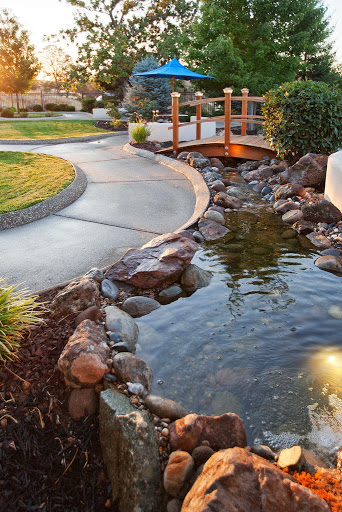 A serene garden featuring a winding path, a charming bridge, and a peaceful pond surrounded by rocks.