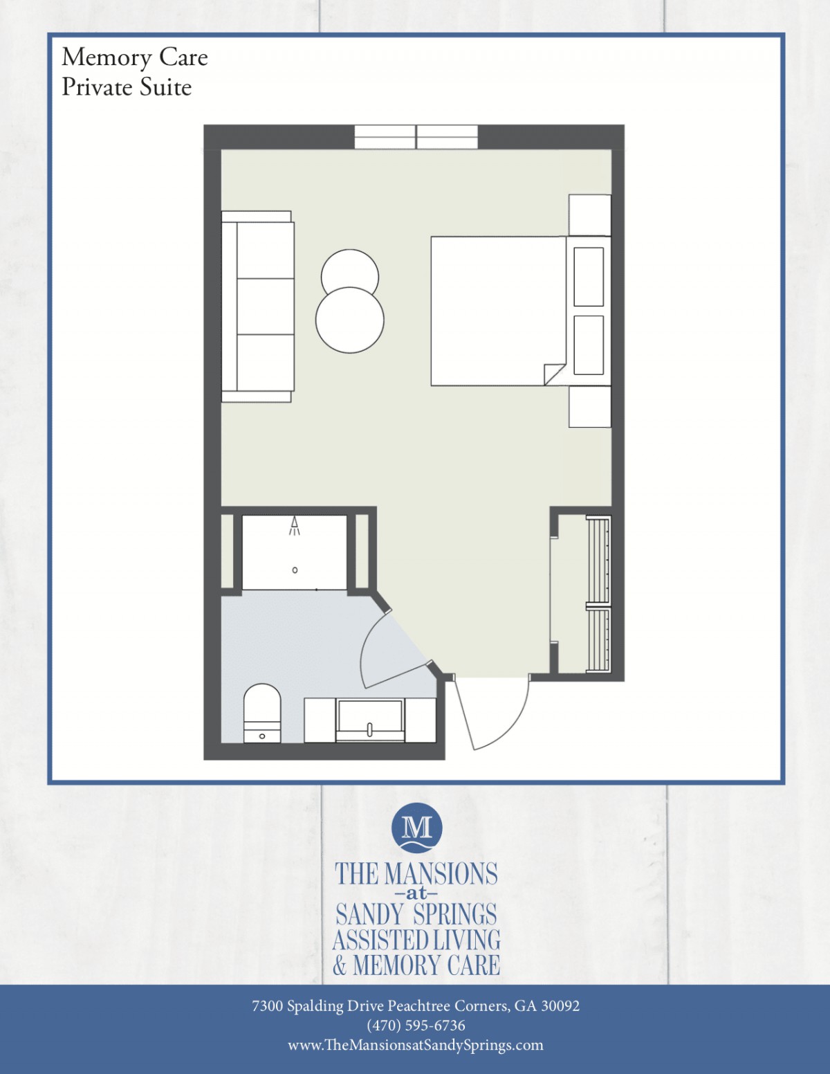 A studio apartment floor plan featuring a combined living and sleeping area with an adjacent bathroom.