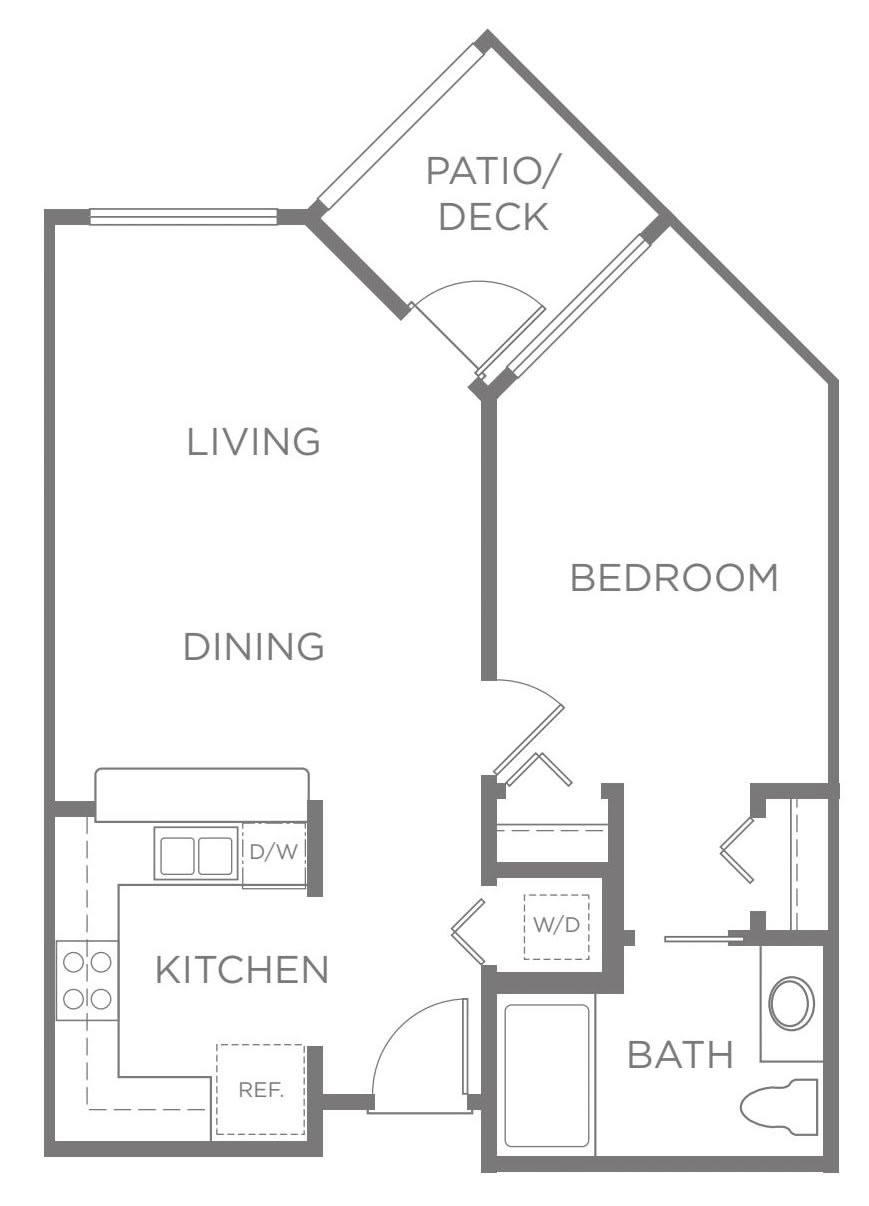 A floor plan of a one-bedroom apartment featuring a living room, kitchen, dining area, bathroom, and patio deck.
