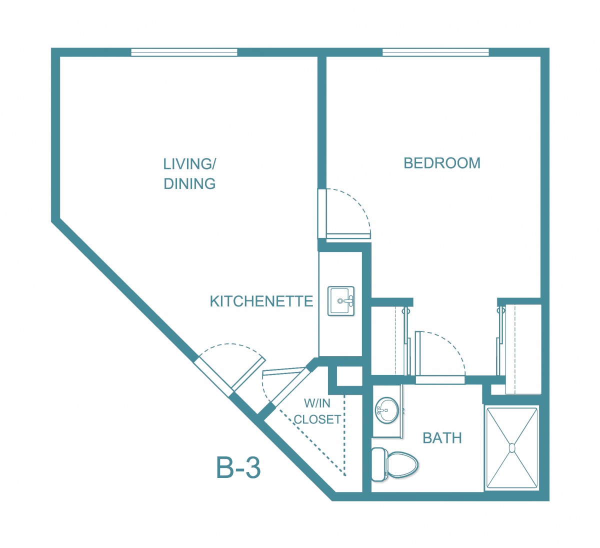 A floor plan of an apartment featuring a living/dining area, kitchenette, bedroom, and bathroom.
