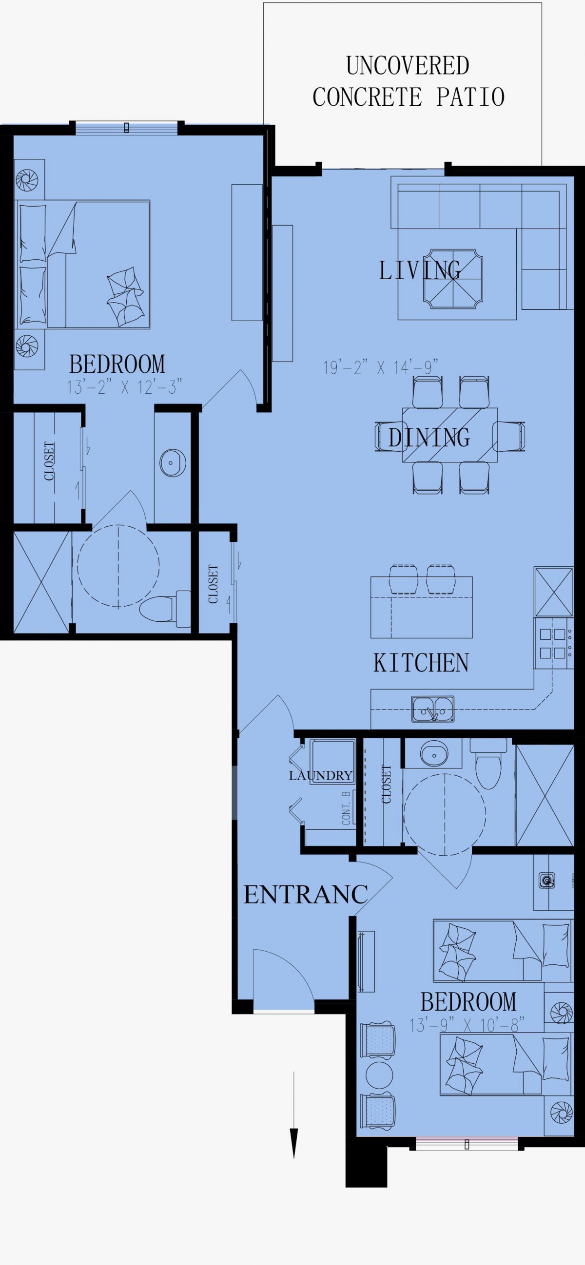 A detailed floor plan of an apartment showing the bedroom, dining area, kitchen, entrance, and bathroom layout.