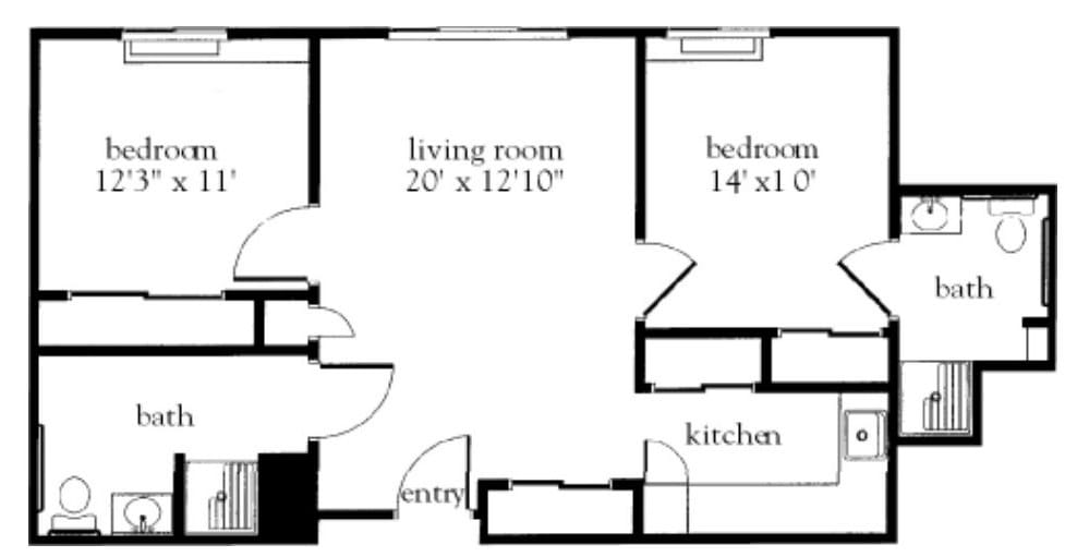 A floor plan showcasing a one-bedroom apartment with a living room and kitchen.