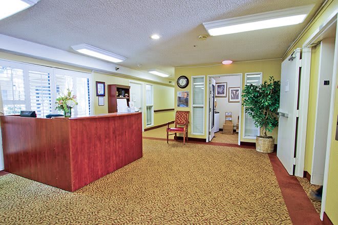 A well-lit reception area with a wooden desk, carpeted floor, and decorative plants.