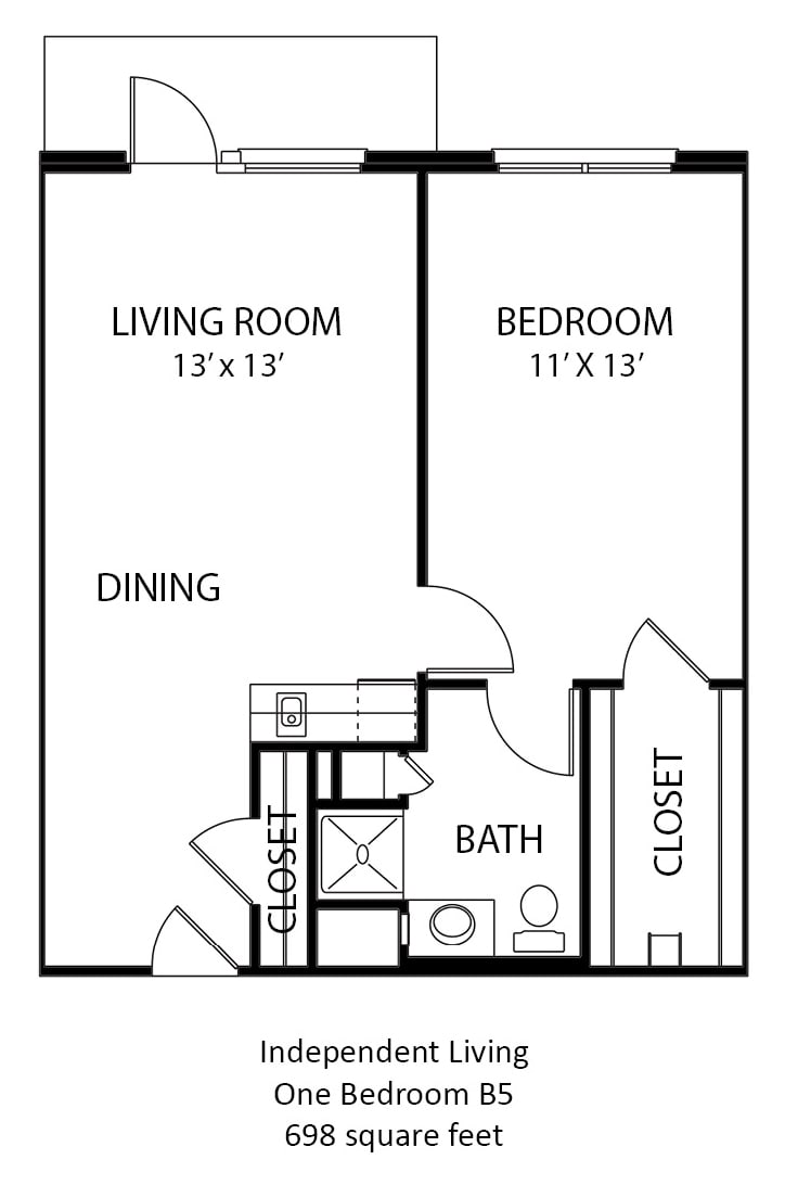 A floor plan of a one-bedroom apartment with a living room, bathroom, and two closets.