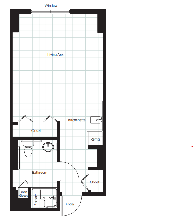 A floor plan of a one-bedroom apartment featuring an open living area, kitchen, and bathroom.