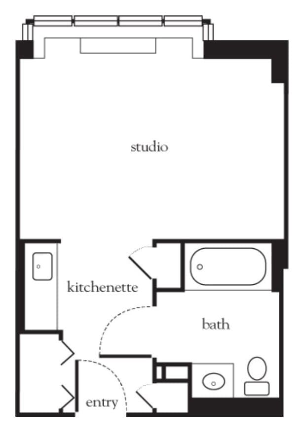 Simple floor plan of a studio apartment with separate bath and kitchenette.
