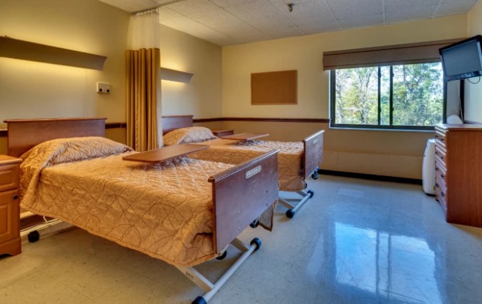 A hospital room with two beds and a window allowing natural light in.