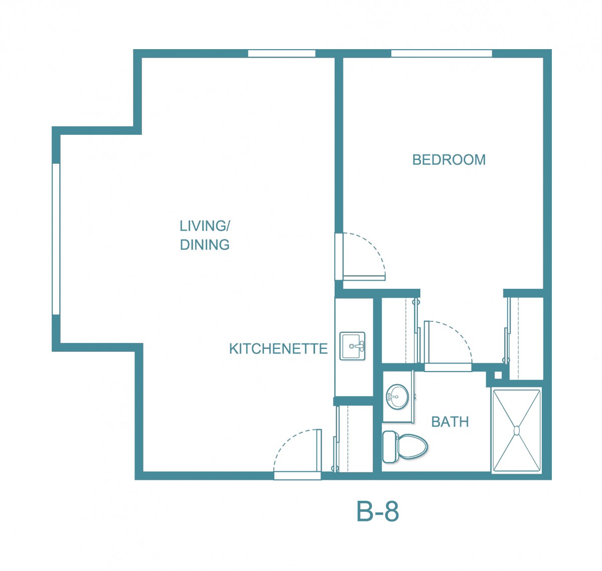 Layout of a one-bedroom apartment with living/dining area, kitchenette, and bathroom.