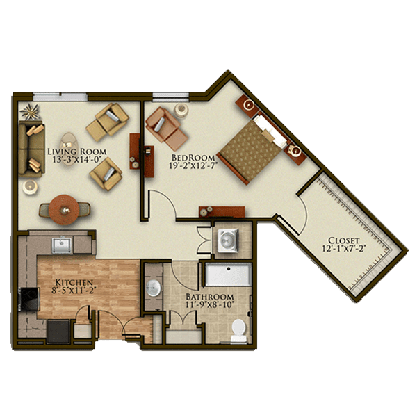 A floor plan of a one-bedroom apartment featuring a living room, kitchen, bathroom, and bedroom with a closet.