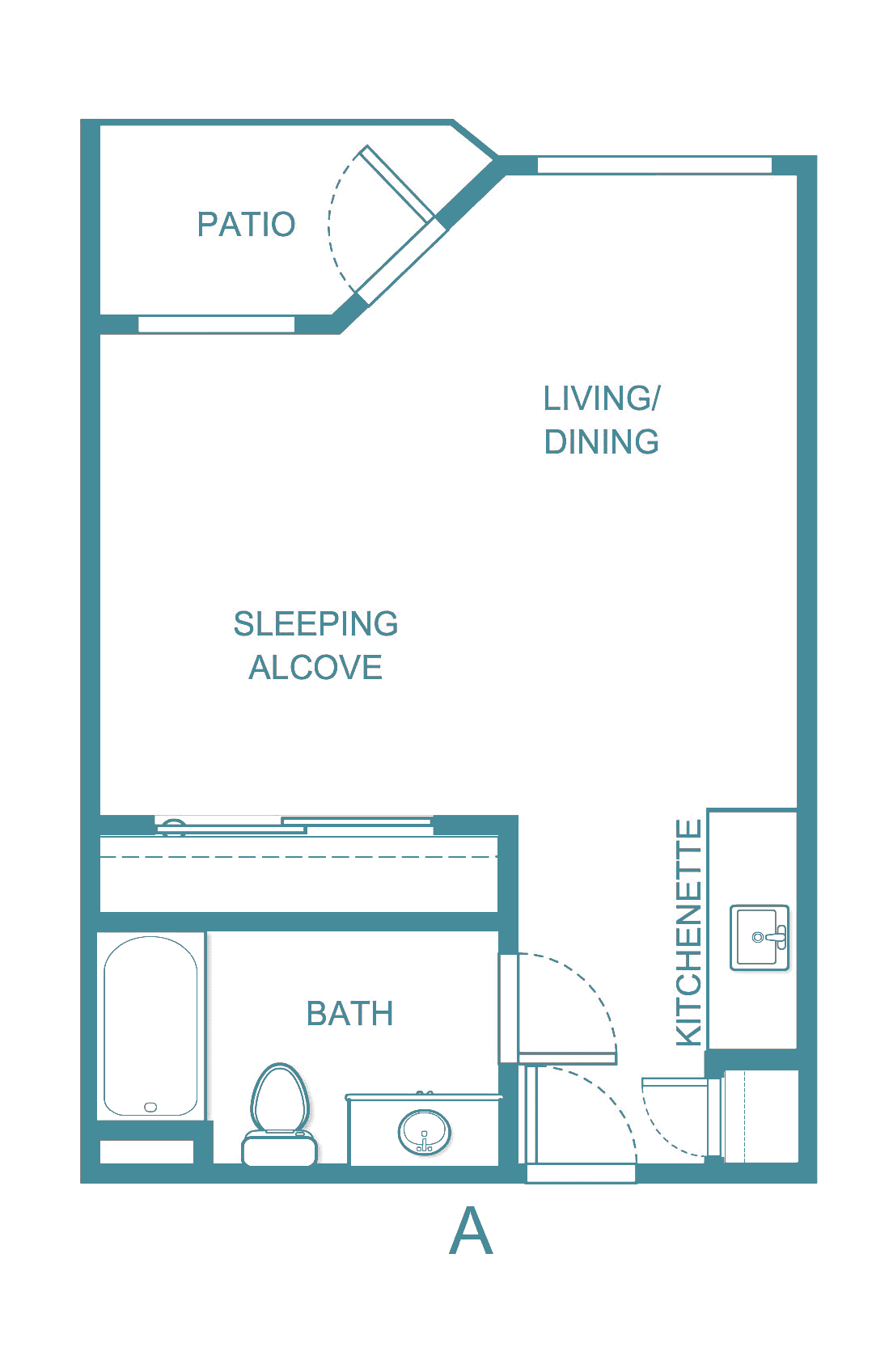 A floor plan of a studio apartment featuring a living/dining area, sleeping alcove, kitchen, and bathroom.