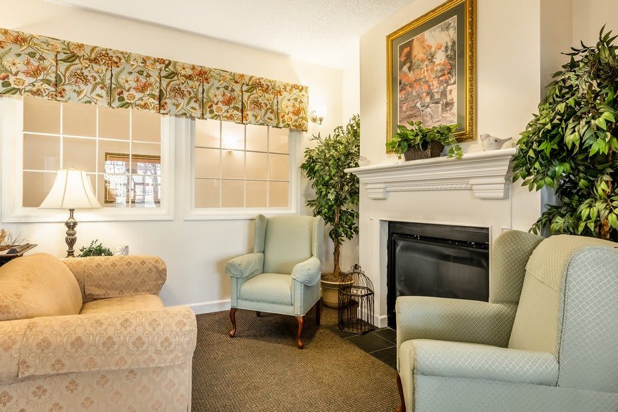 Cozy living room with armchairs and a fireplace, featuring elegant decor.