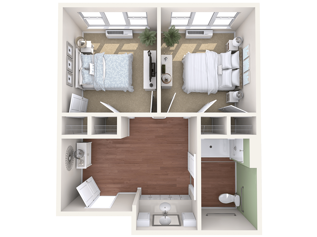 A top-down view of a two-bedroom apartment floor plan with a shared bathroom and living area.