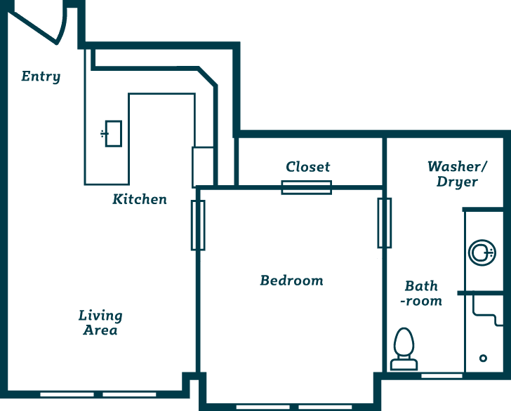 A floor plan of a one-bedroom apartment showing the living area, kitchen, bedroom, closet, bathroom, and washer/dryer space.