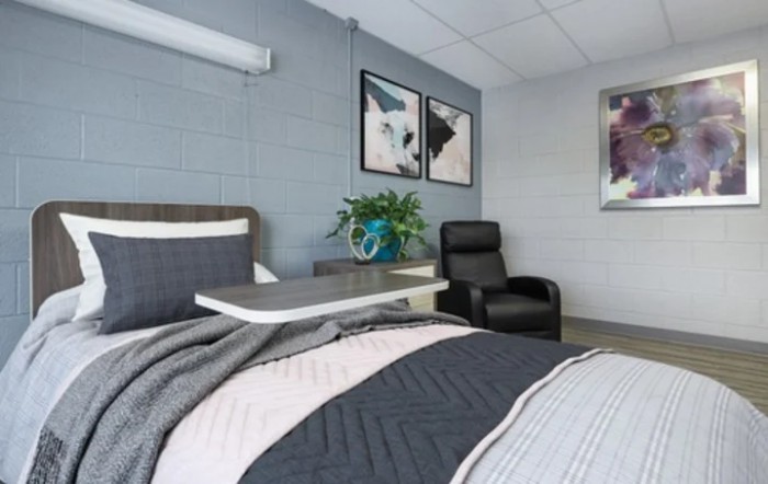 A modern bedroom featuring a neatly made bed, abstract artwork on the wall, a plant on the bedside table, and a comfortable chair.