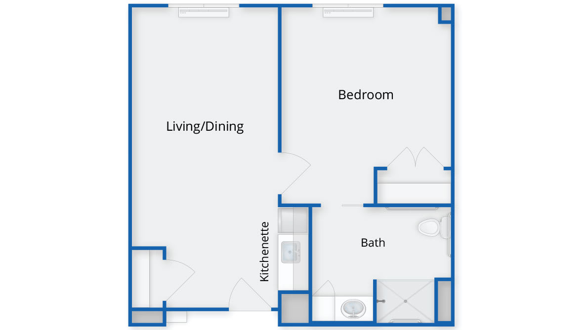 One-bedroom apartment floor plan with a living/dining area, kitchenette, and bathroom.