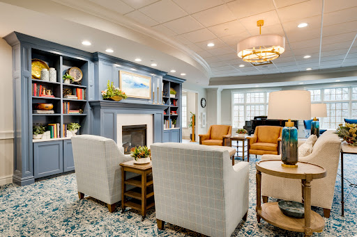 A cozy and inviting living room space featuring modern furniture, a decorative fireplace, and stylish bookshelves.