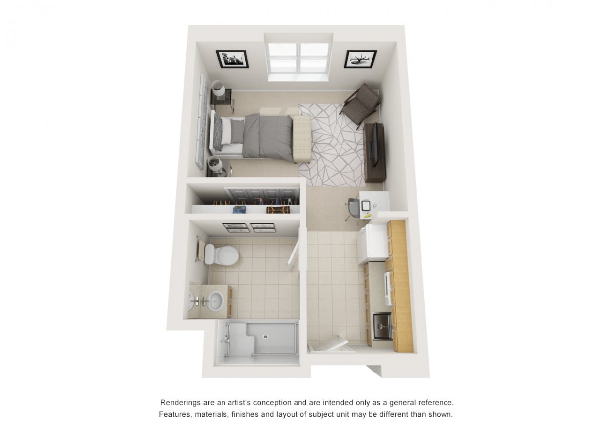3D floor plan of a compact studio apartment with a bedroom, kitchen, and bathroom.