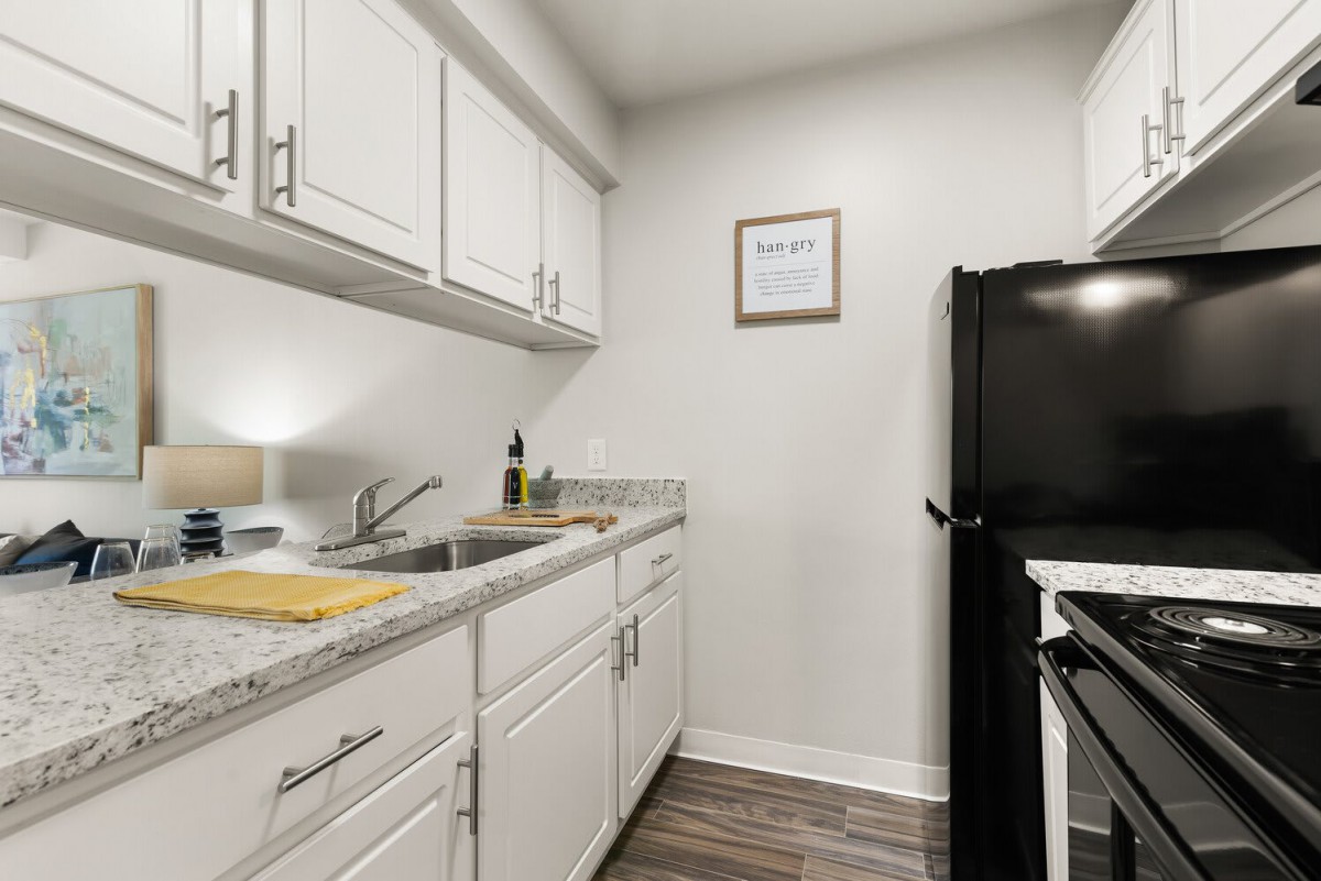 A modern and minimalist kitchen with white cabinets and black appliances.