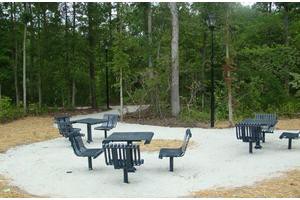 An outdoor picnic area with tables and benches surrounded by a forest.