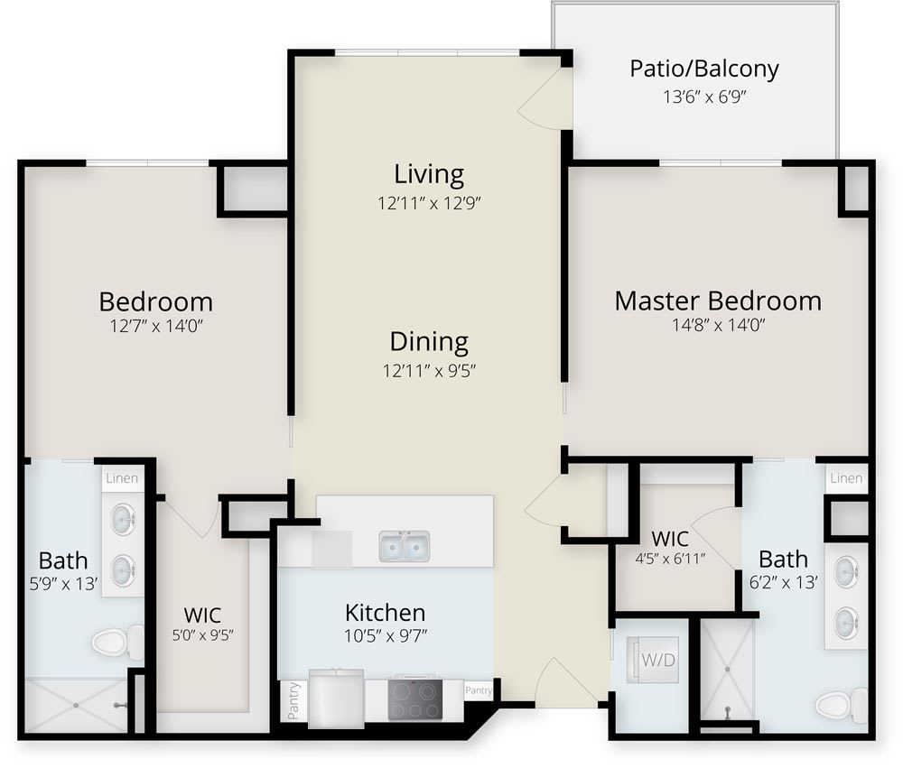 A floor plan of a two-bedroom apartment featuring a living room, dining area, kitchen, balcony, and bathrooms.