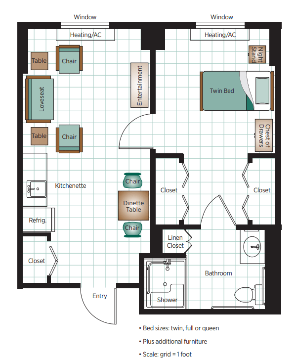 An apartment floor plan featuring one bedroom, a living room, kitchen, bathroom, and dining area.