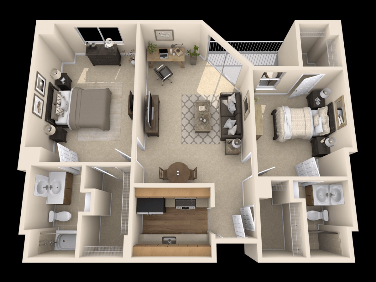 A 3D rendered floor plan of a two-bedroom apartment with a living room, kitchen, and bathrooms.