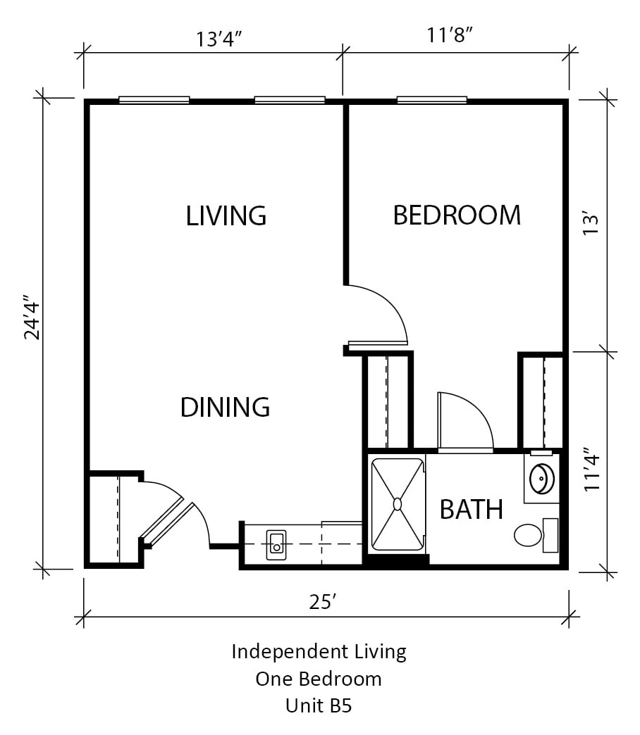 A floor plan of a one-bedroom apartment featuring a living area, dining space, bedroom, and bathroom.
