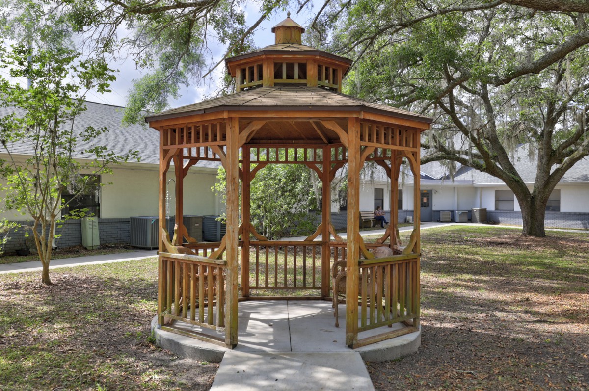 A wooden gazebo situated in a garden on a sunny day.
