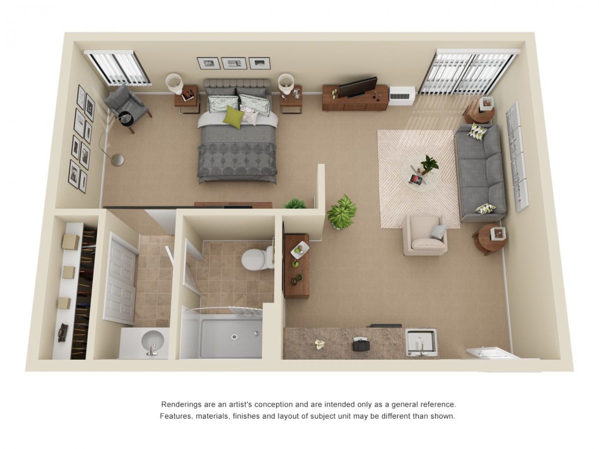 Top view of a one-bedroom apartment showing the bedroom, living room, and bathroom.