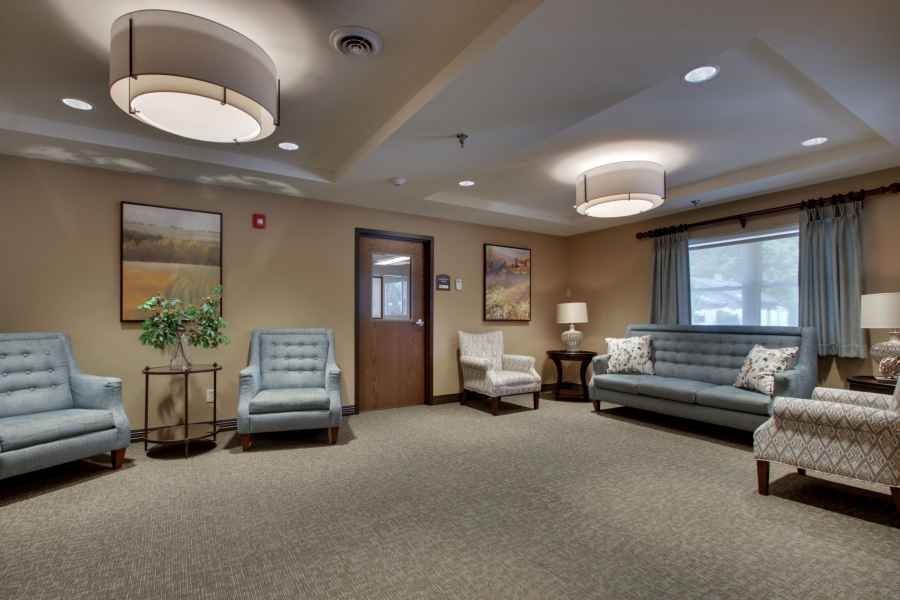 A modern lobby with comfortable seating and soft lighting.