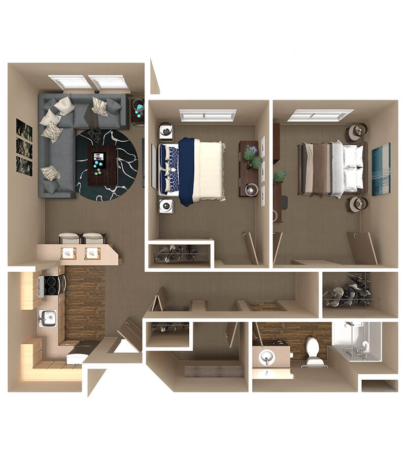 A 3D floor plan of a two-bedroom apartment, featuring a living room, kitchen, and bathroom.