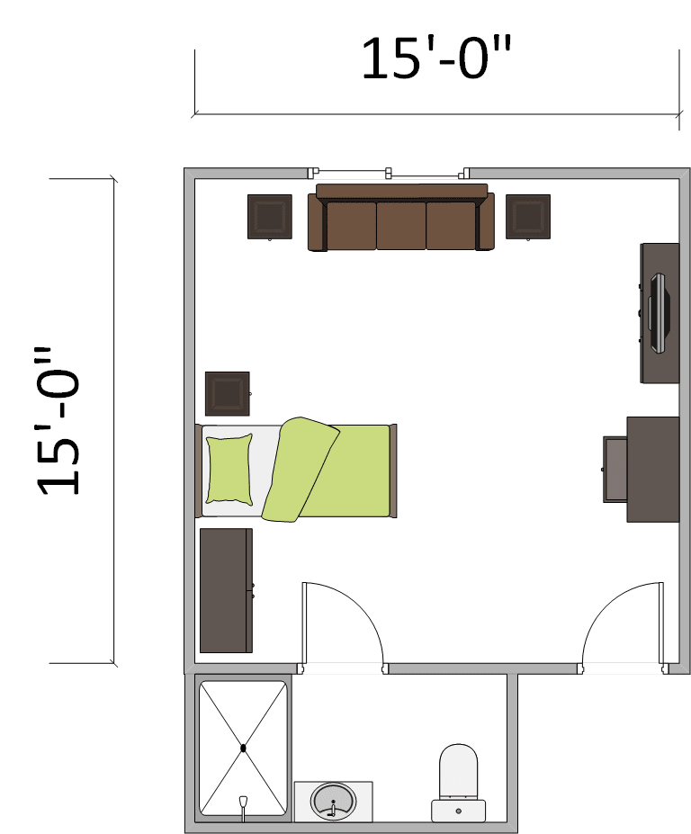 A floor plan of a 15x15 bedroom featuring a bed, sofa, and additional furniture.