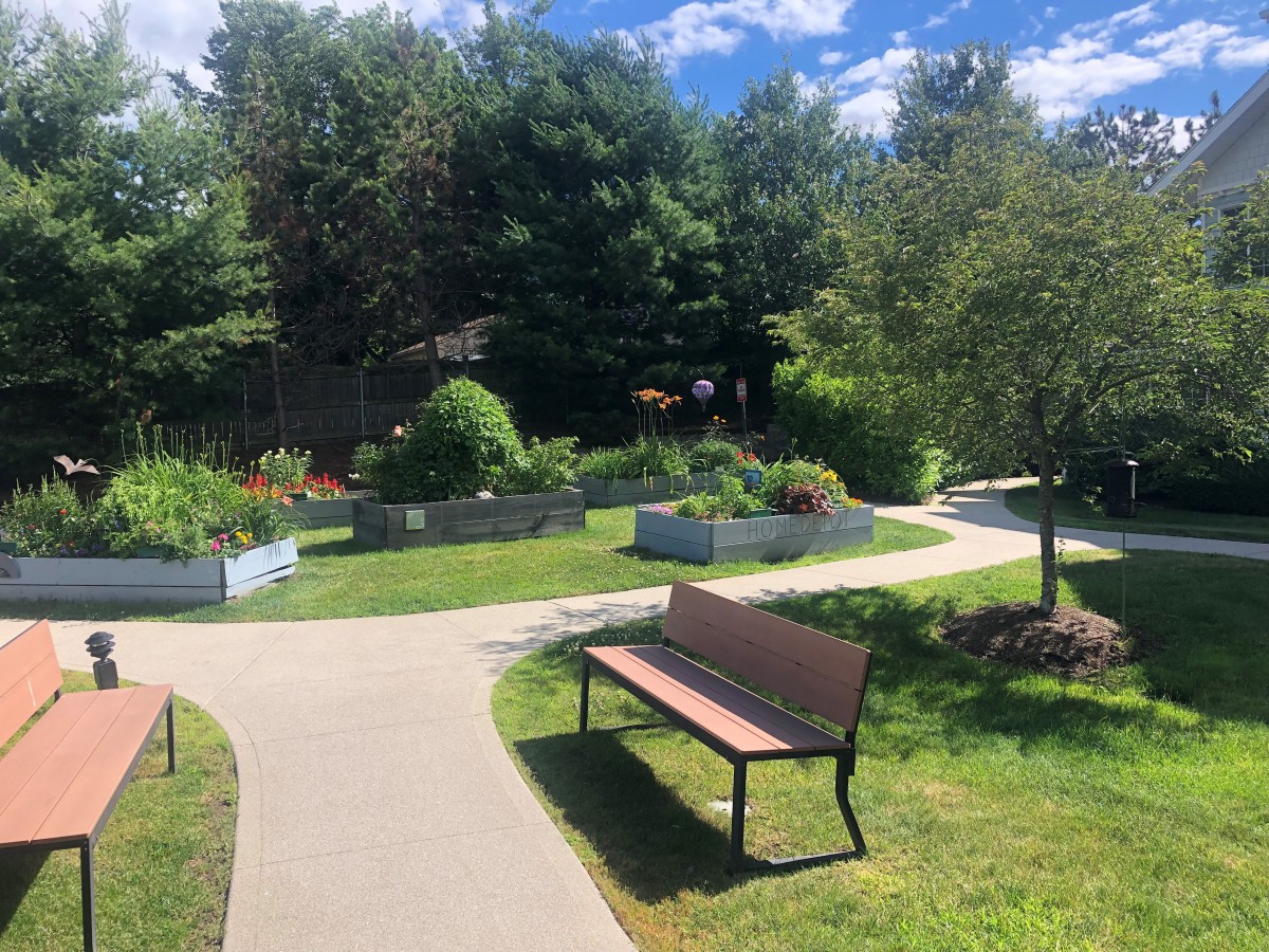 A sunny park with pathways, benches, and vibrant garden beds.