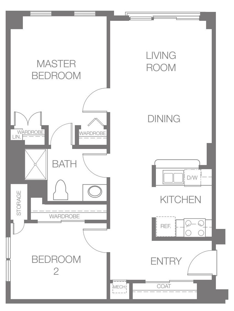 Floor plan of a two-bedroom apartment with living room, dining area, kitchen, and bathroom.