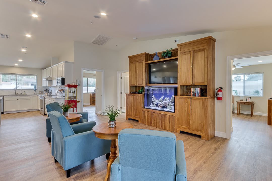 A cozy living room with blue chairs and a wooden entertainment center featuring a TV and aquarium.