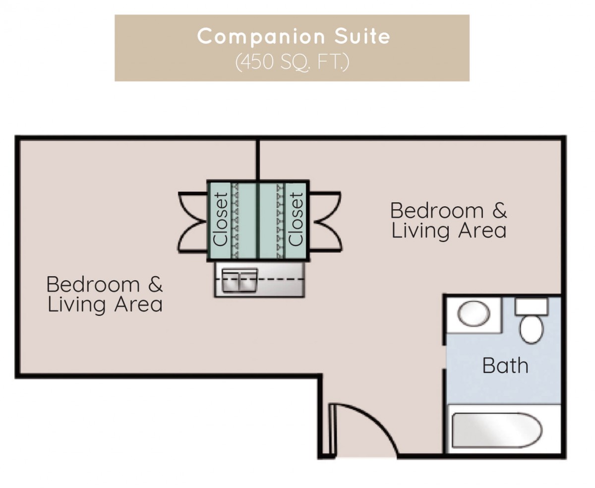 Companion suite floor plan showing two bedrooms, living area, and a bathroom.