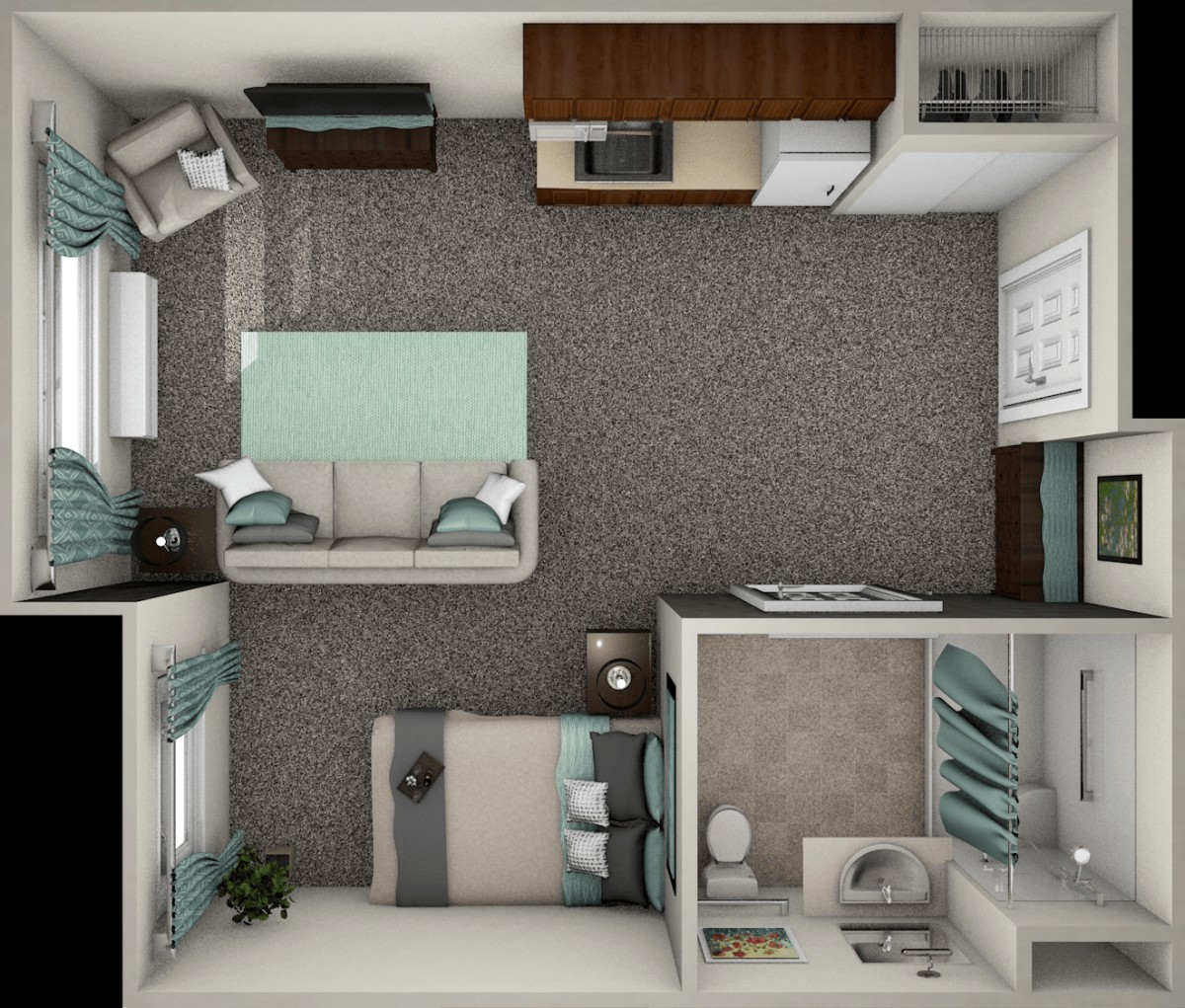 A top-down view of an apartment layout showing a living room, bedroom, kitchen, and bathroom.