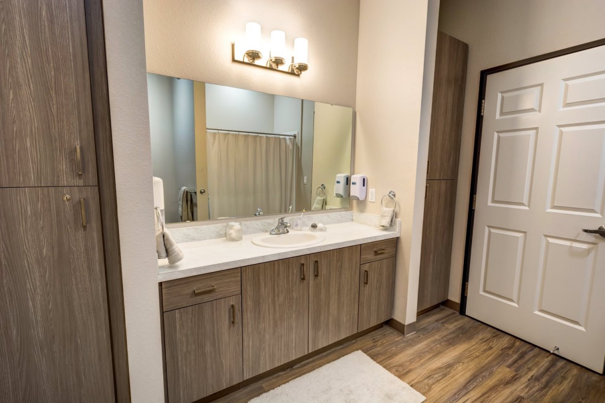 A modern bathroom with a large mirror, double sink, and wooden cabinets.