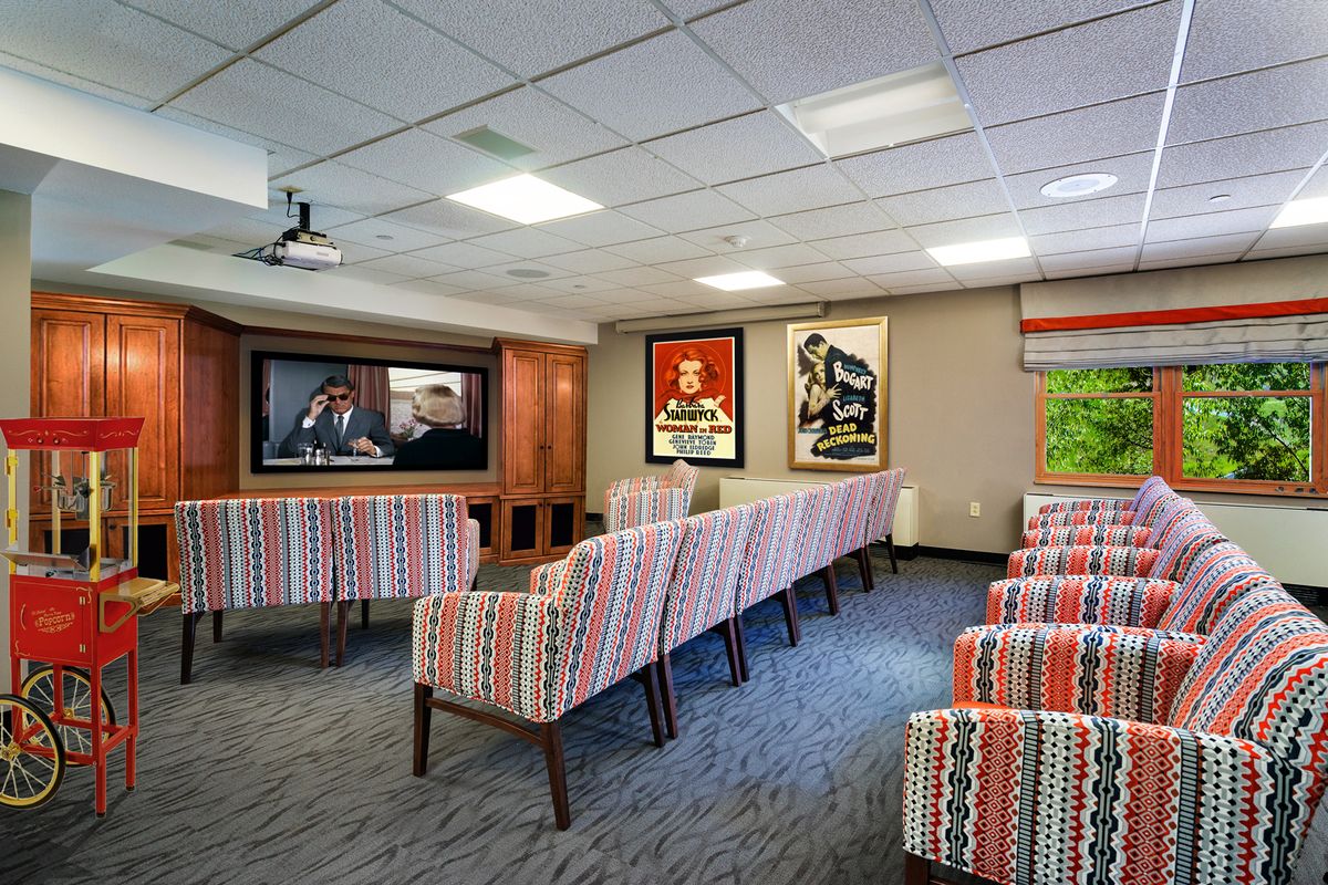A cozy indoor movie theater room with patterned chairs and film posters on the walls.