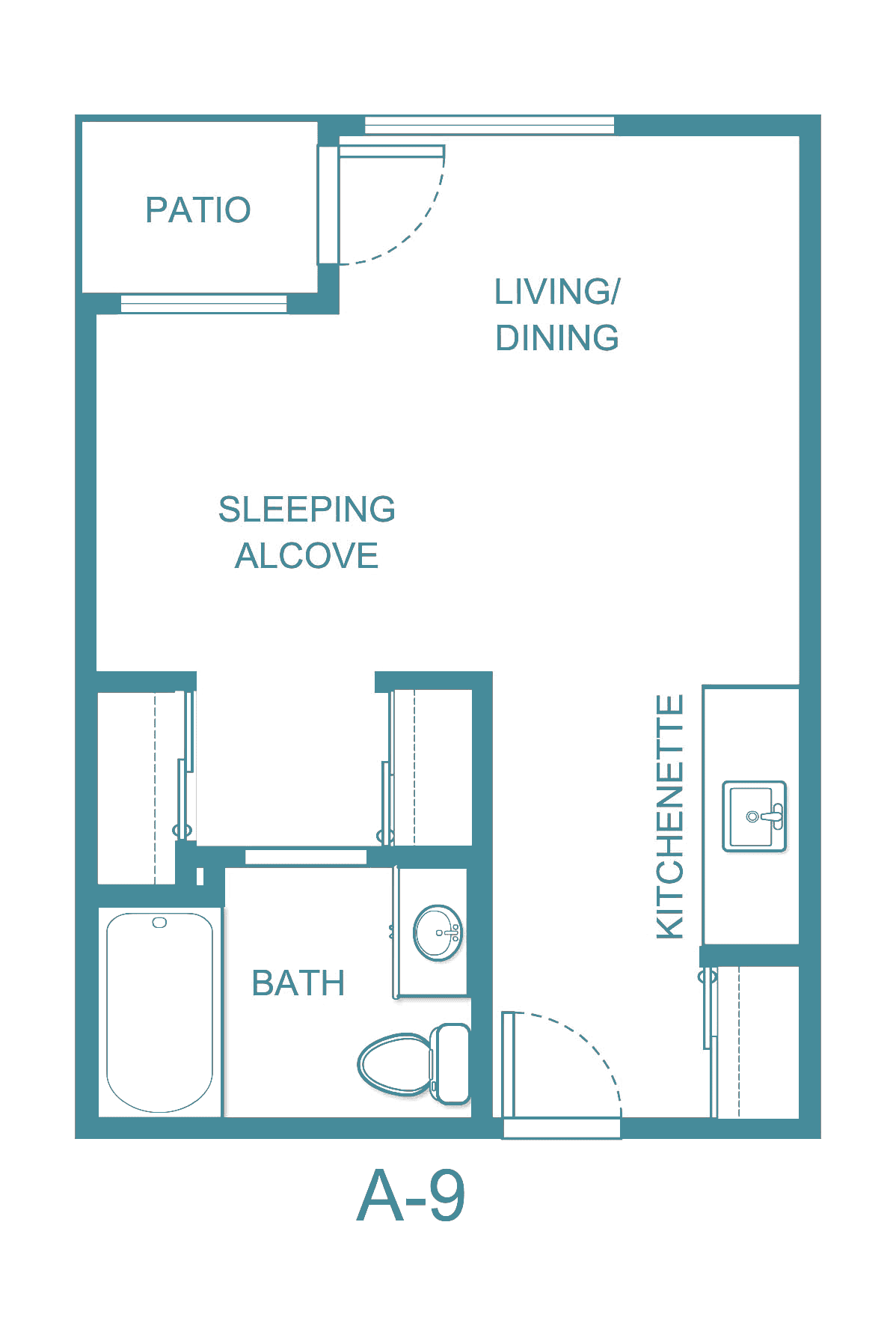 Floor plan of a studio apartment with a living/dining area, kitchenette, sleeping alcove, and bath.
